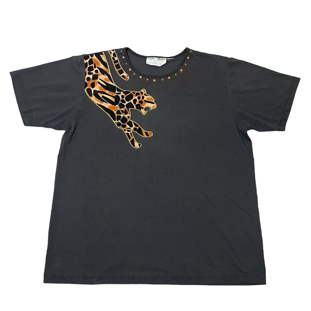 Vintage Delta Burke T-Shirt Big Cat Leopard Cheetah Embroidered Applique Gray 1X